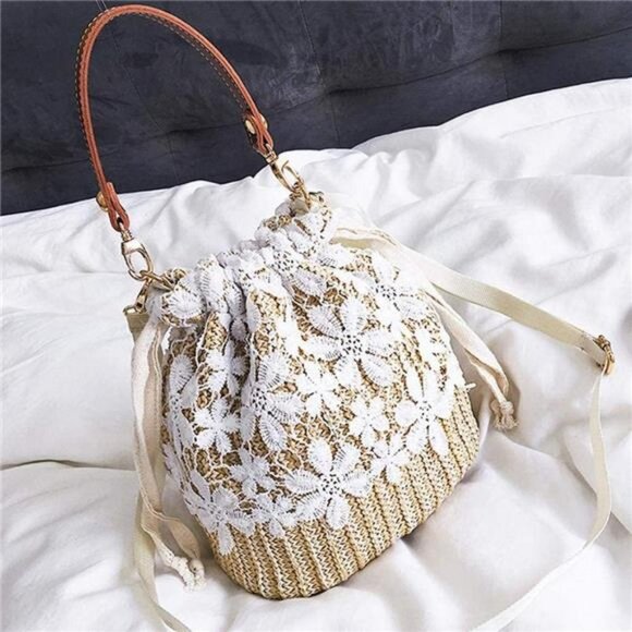 Purse Bucket Bag Lace Handmade Straw Woven Sling Handbag Shoulder Crossbody Bag - Picture 5 of 7